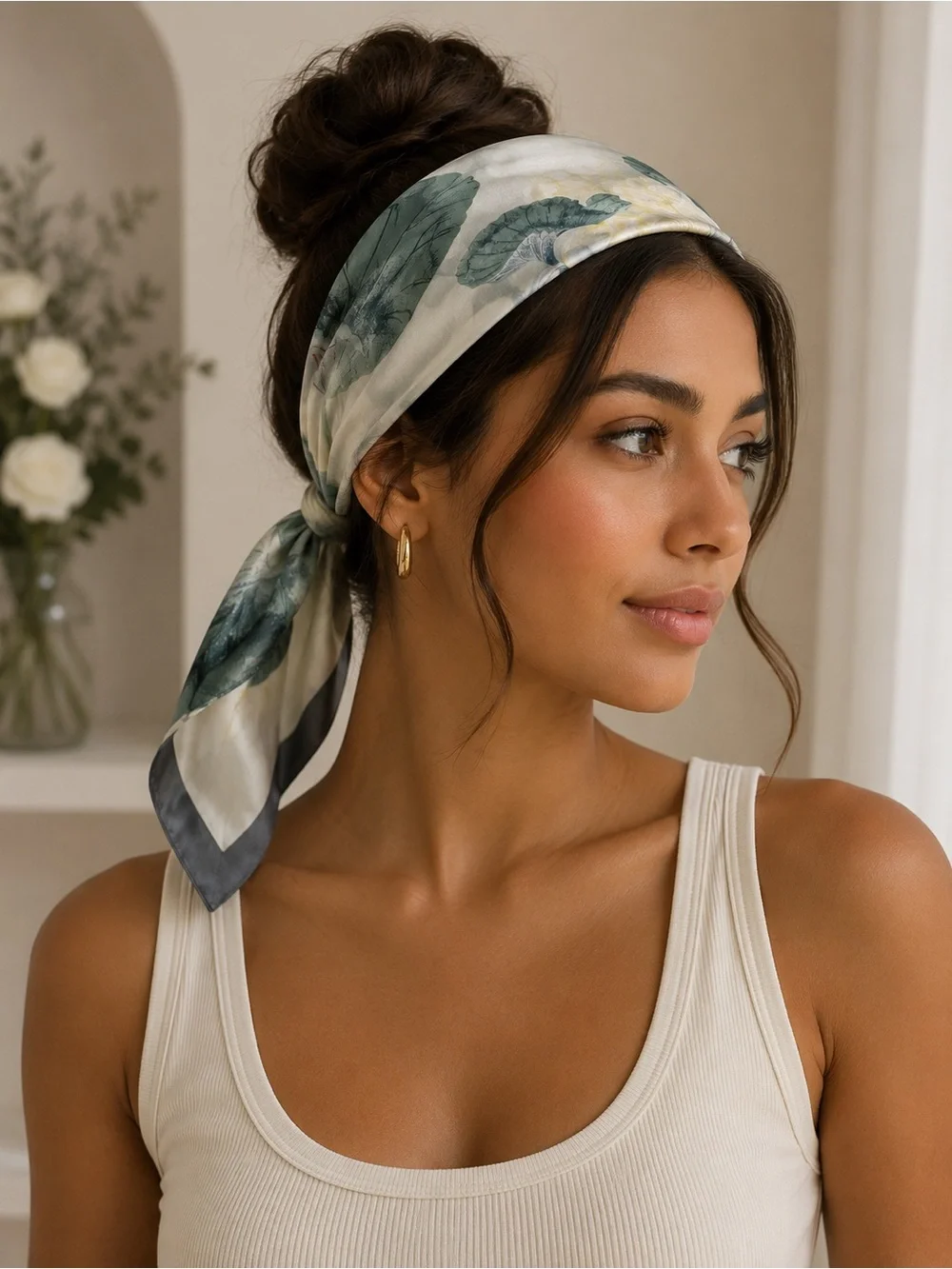 Silk-Feel Botanical Print Scarf in Cream and Teal